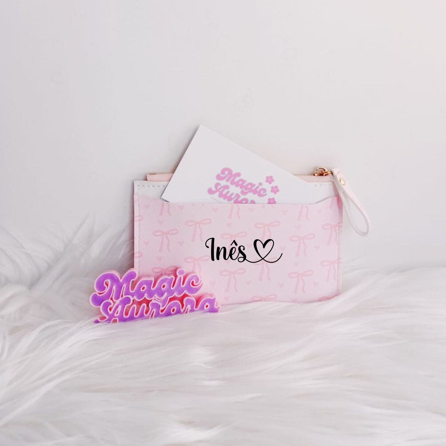 Carteira Personalizada Rosa Laços com Nome para 4 Cartões e Moedas