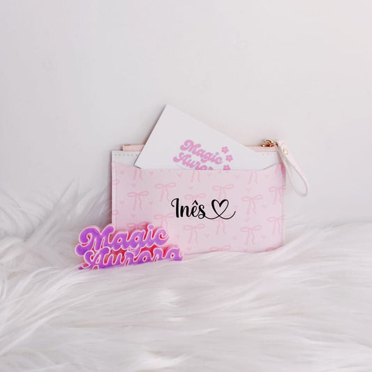 Carteira Personalizada Rosa Laços com Nome para 4 Cartões e Moedas