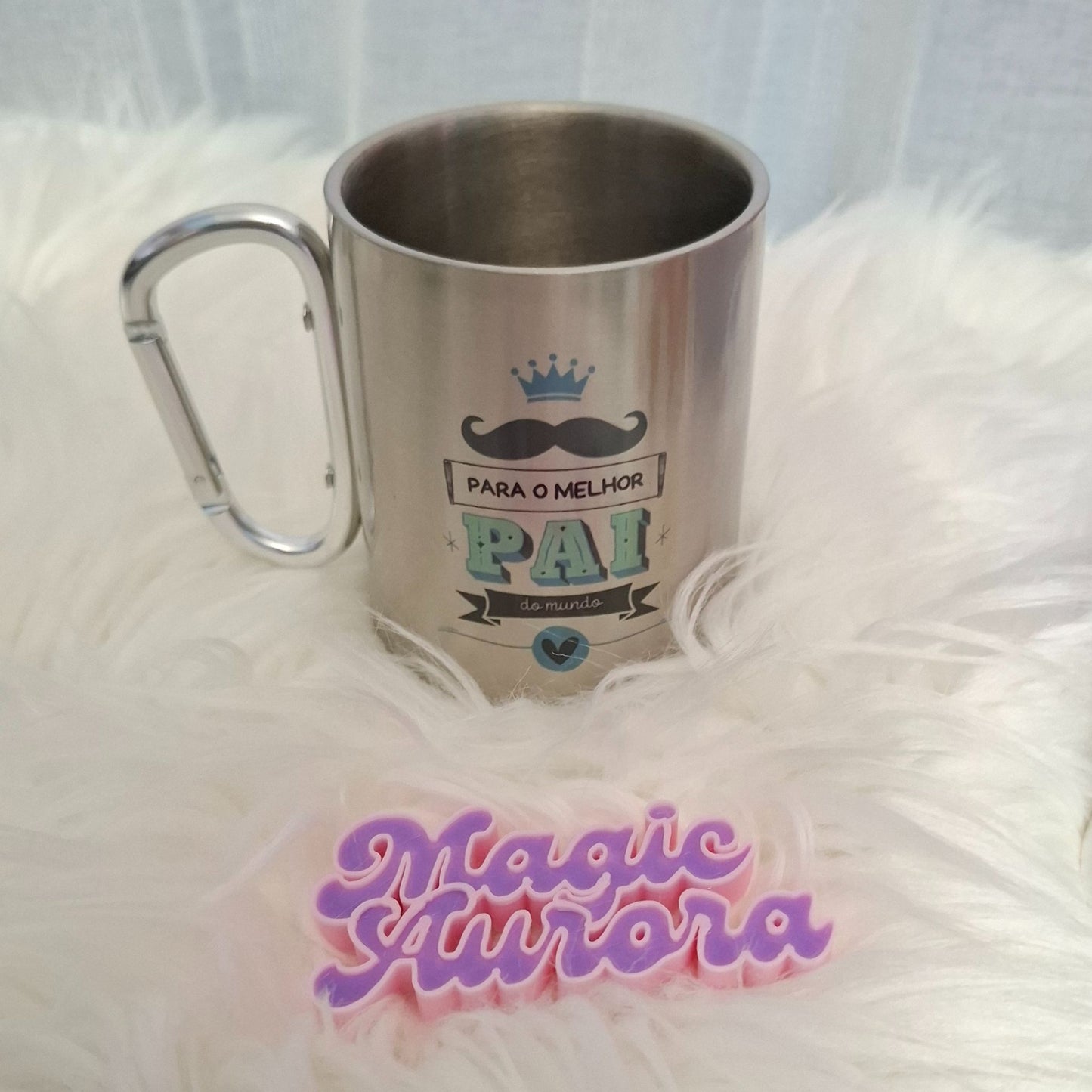 Caneca em Inox com Alça Mosquetão - Personalizada com Nome e Imagem (300ml)