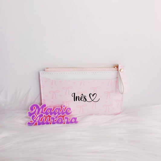 Carteira Personalizada Rosa Laços com Nome para 4 Cartões e Moedas