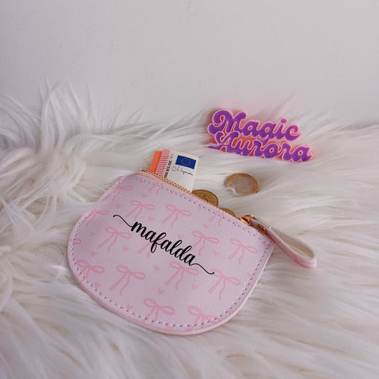 Porta-moedas Personalizado com Nome e Laços Rosa para Organização com Estilo