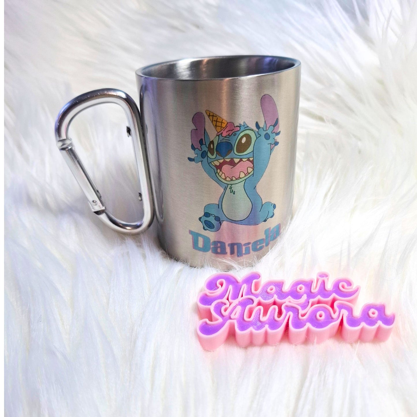 Caneca em Inox com Alça Mosquetão - Personalizada com Nome e Imagem (300ml)