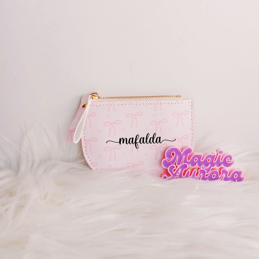 Porta-moedas Personalizado com Nome e Laços Rosa para Organização com Estilo