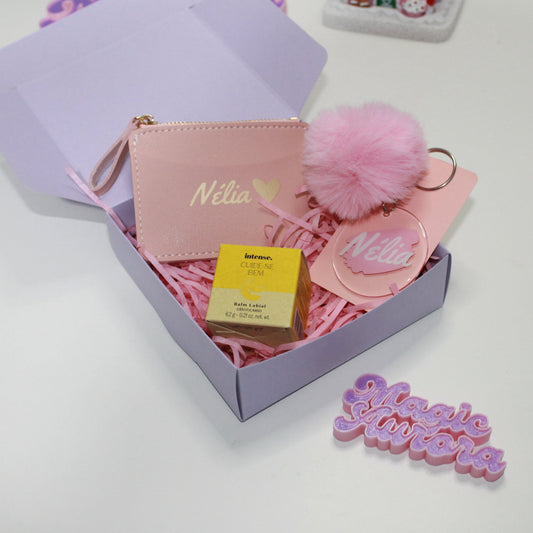 Caixa de Oferta Personalizada com Nome | Carteira + Porta-Chaves Acrílico